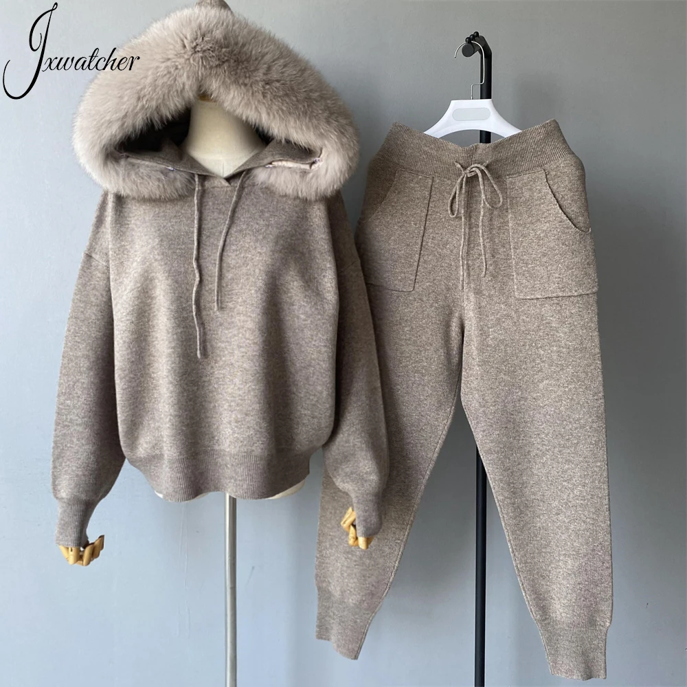 Wholesale Custom Real Fox Fur Collar Hooded Pullover Knit Coat Pants Two Pieces Set Spring Wool Knitted Sweater Set For Women