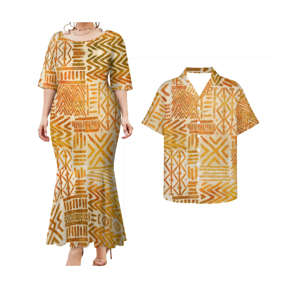 Promotional Price polynesian Elei Tribal Tie-Dye Design Custom 2 pcs Couple Clothes Casual  Big Size Mens Shirts Woman Dress