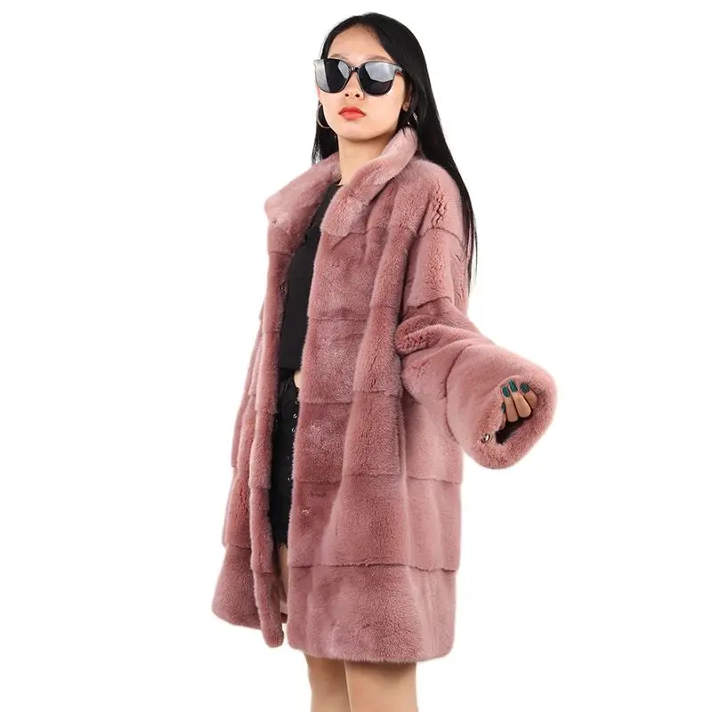 beautiful women mink fur coat with mid long stand collar winter high quality new thick fluffy fur jacket