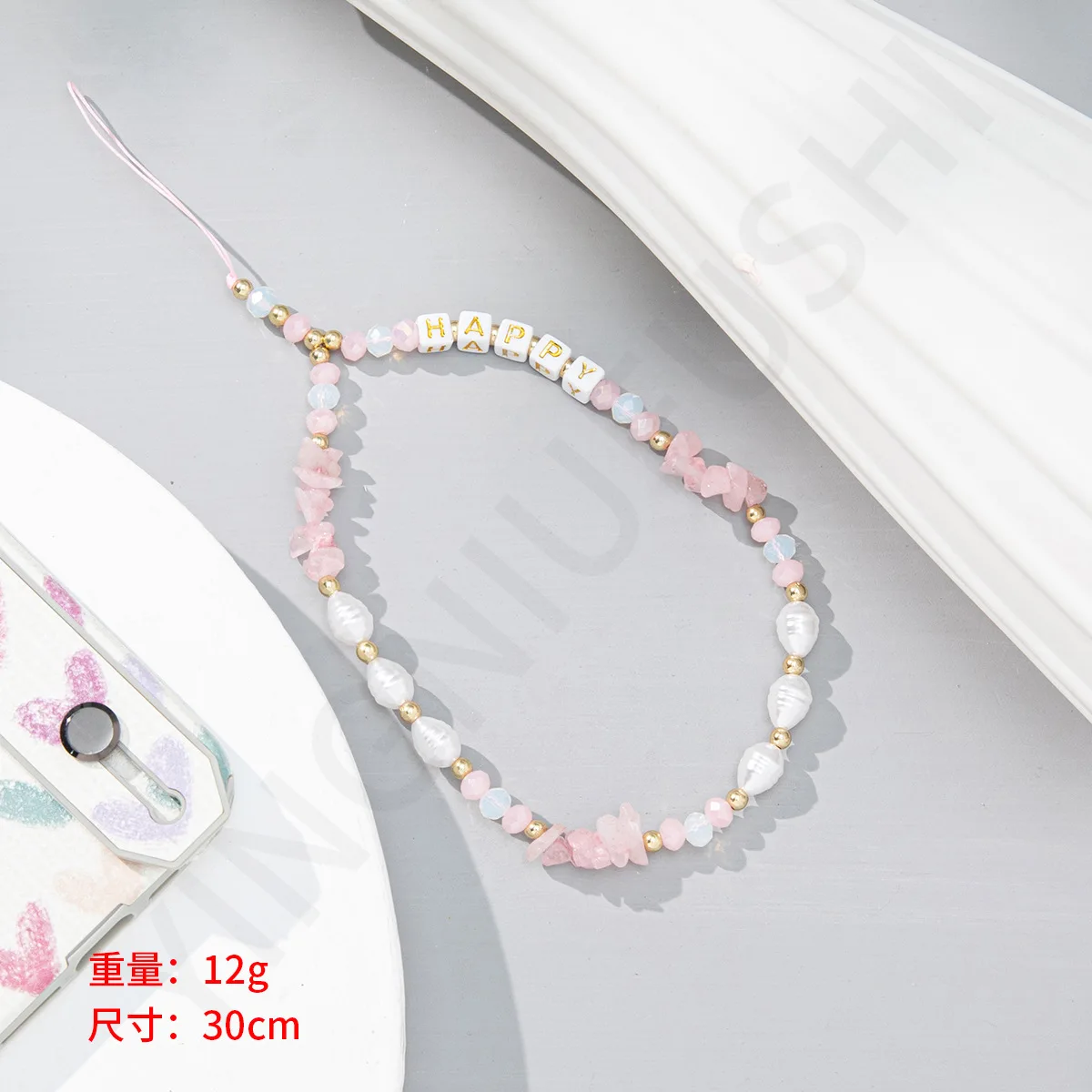 Fashion Diy Pink Rose Quartz Chips Cell Phone Chain Custom Logo Cute Pearl Beaded Mobile Phone Charm Straps