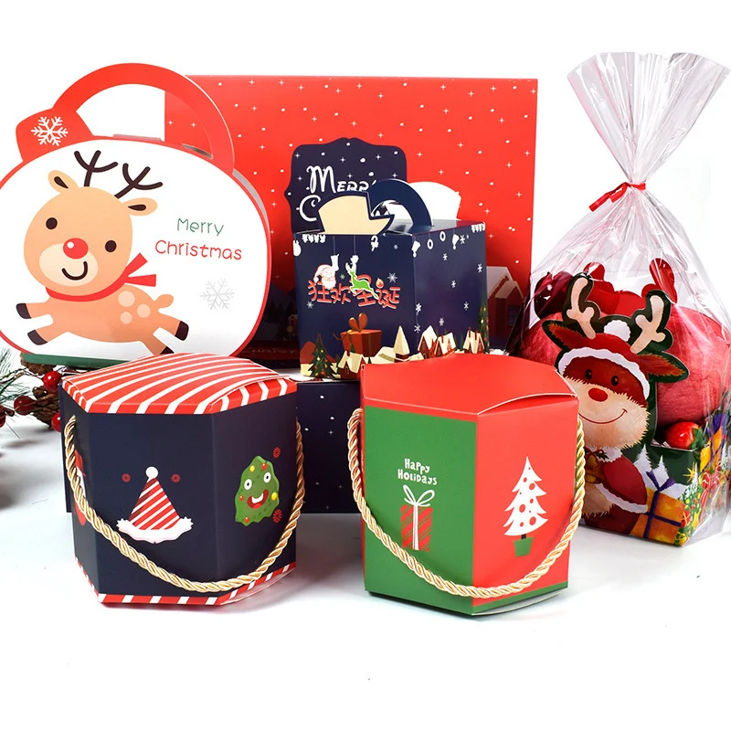 Custom Small Pink Red Green Folding Kid Christmas Paper Gift Box With Rope Handle For Packaging Chocolate Candy Cookies Apple