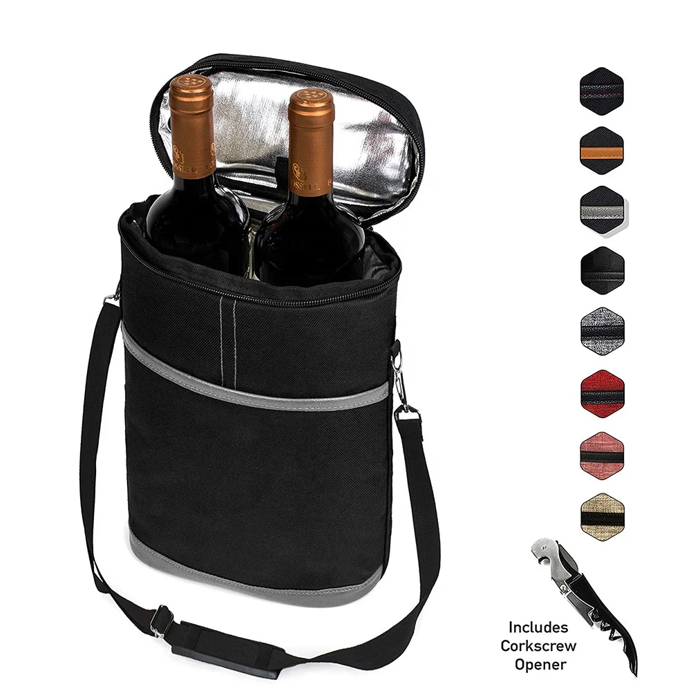 Manufacturer Portable Label Insulated Shoulder Red Wine 2 Bottles Picnic Hiking Cooler Ice Bag Lunch Beer Carrier