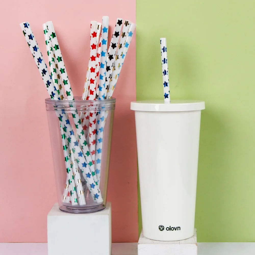 In Stock Colored Star Print Plastic Tumbler Straw PETG Bar Reusable Drinking Cup Straw For Party