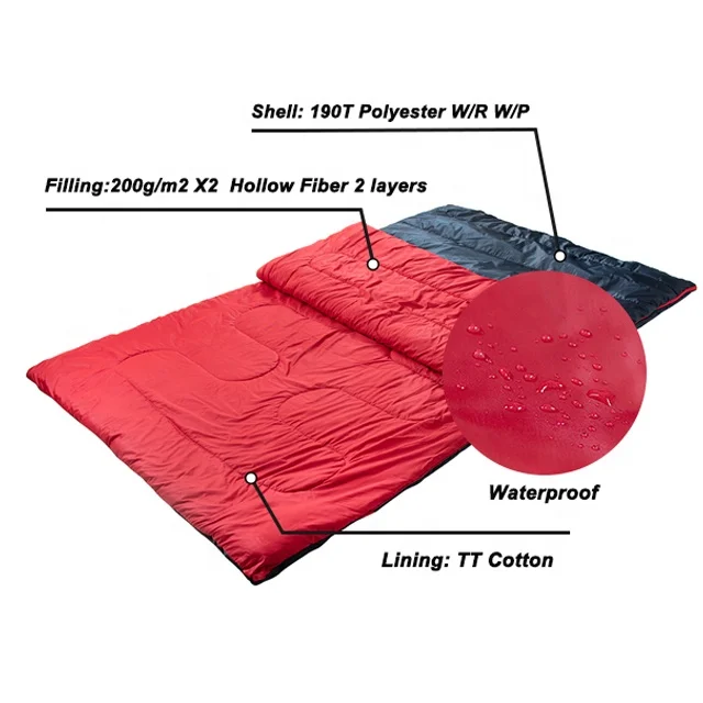 Waterproof Camping Hiking Backpacking XXL Large Size Two Person Double Sleeping Bag for Adults with 2 Pillows