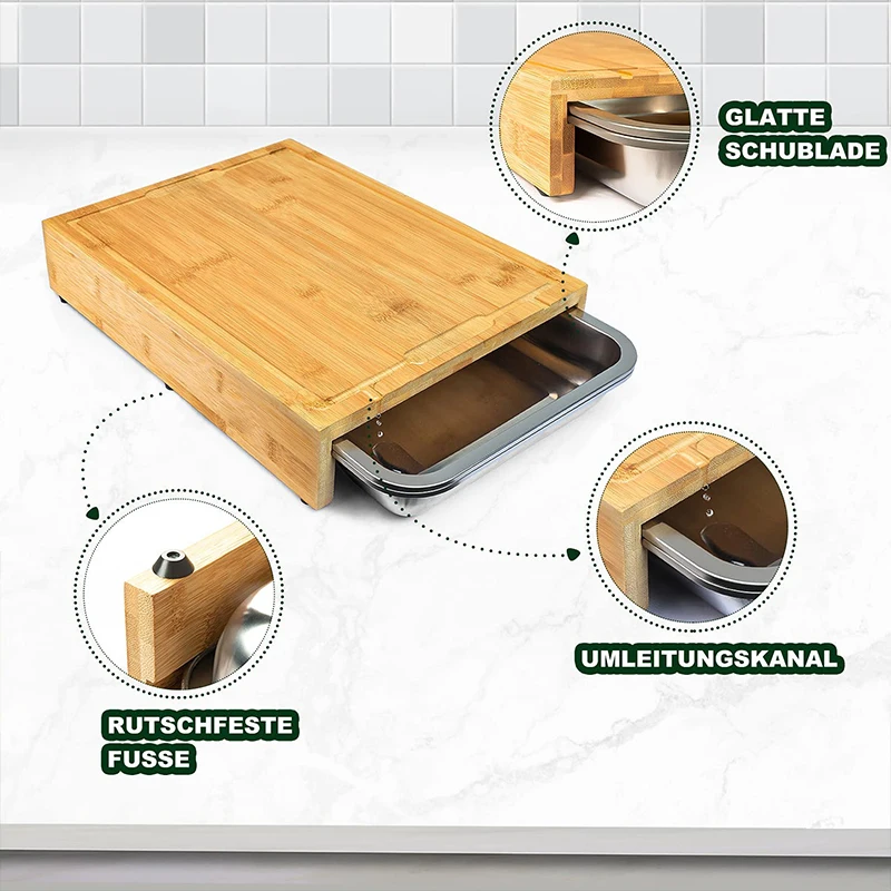 Chopping Board Made of High-Quality Bamboo Chopping Board with 3 Stainless Steel Crumb Trays Practical Wooden Board Kitchen Non