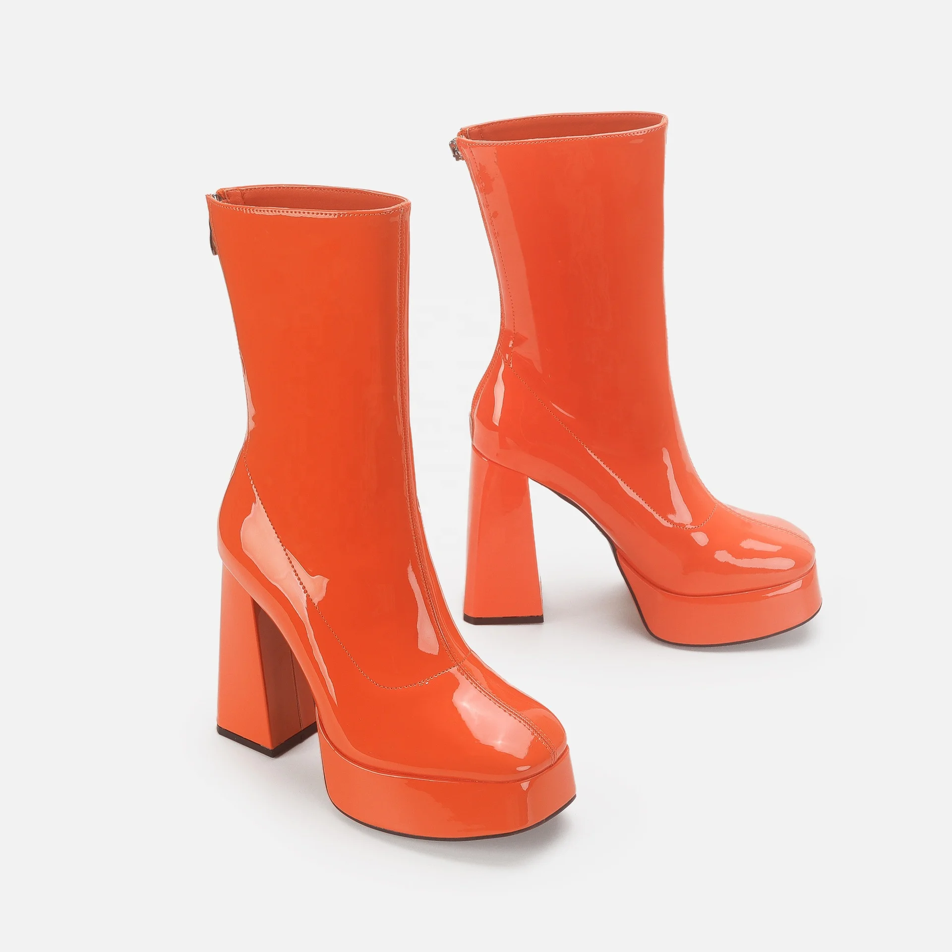 BUSY GIRL DS4467 Women Boots Size 11 Platform Block High Heels 2024 Silver Hot Pink Patent Leather Ladies Stretch Ankle Boots