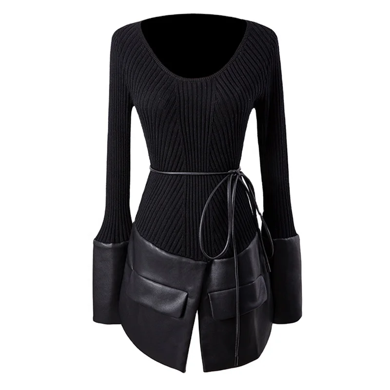 TWOTWINSTYLE O Neck Flare Long Sleeve High Waist Lace Up Patchwork Pu Knitted Sweaters For Women