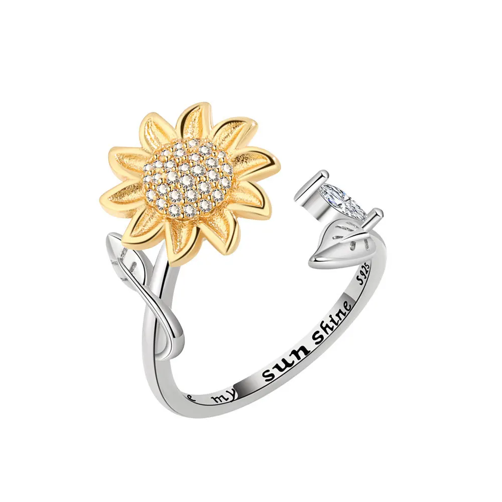 Yoga New Emo Rotate Freely Spinning Stainless Steel Anxiety Ring Fashion Sun Flower Ring For Girl Jewelry Gift