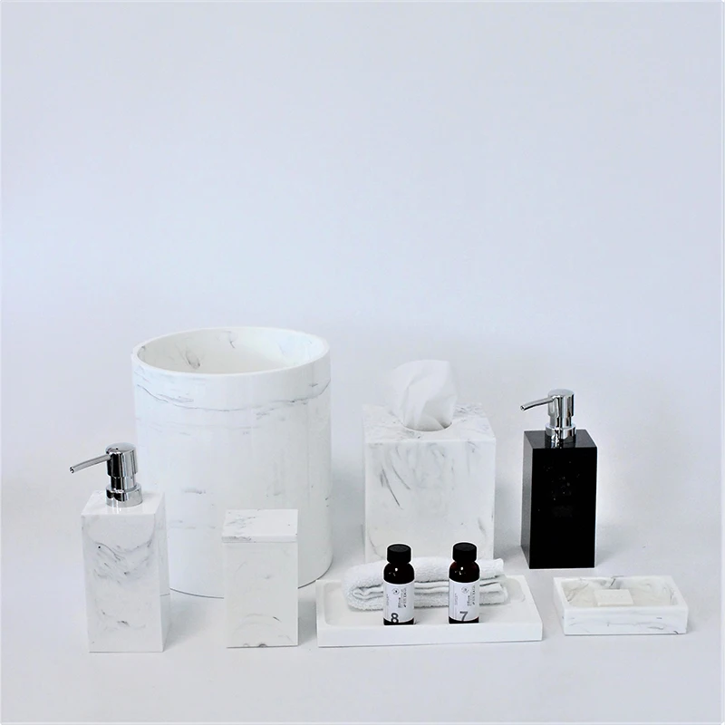 2021 factory price  luxury custom logo sand stone resin tissue box soap dispenser 6 pcs piece bathroom accessories sets