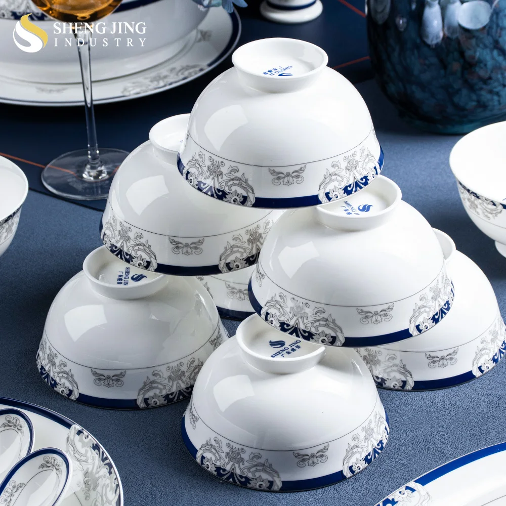 Royal Luxury White Ceramic Bone China Blue Edge Dinner Plate Bowl Gift Set Dinnerware For Restaurant Hotel Household