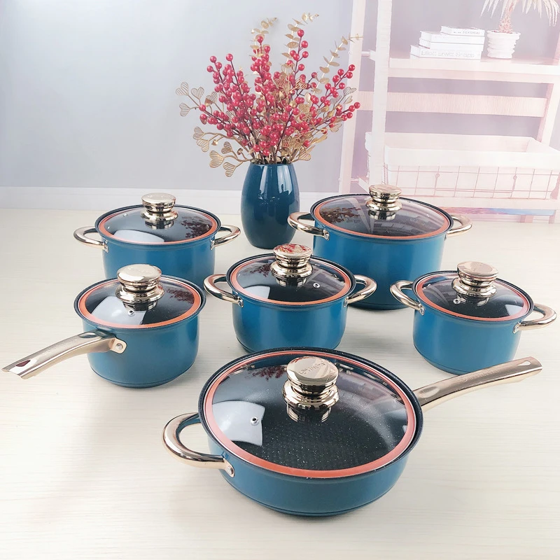 Household Pots And Pans 201 Stainless Steel Cooking Pot Ware Non-stick Blue Cookware Set