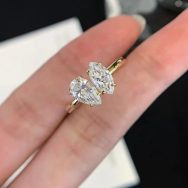 Ruyi Toi et Moi Two Stone Marquise Pear Cut 2 carats Lab Loose Diamond Prongs Set Diamond Bridge Engagement 14K Gold Ring
