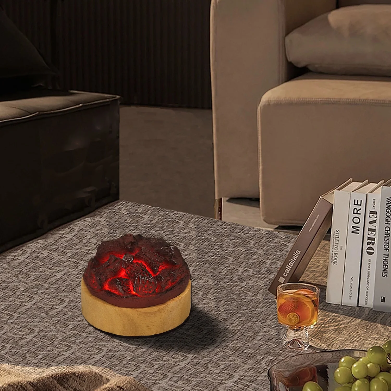 USB Decorative Lighting Rock Flame Lamp Battery Rechargeable Table Lamps Home Decor Luxury Resin Night Lights With Led Wood Base