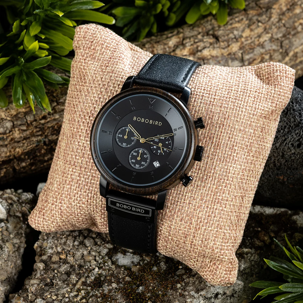 Custom luxury low moq Dropshipping Stainless Steel Case Leather strap Chronograph wood watch