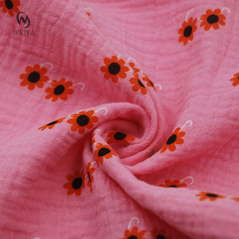 Cute kids wear dress 120gsm custom double gauze crinkle 2 layer 100 cotton printed muslin fabric for baby blanket