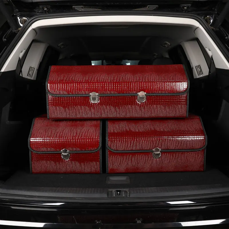 Car trunk storage box organizer with lid portable car storage stowing tidying fashion leather auto trunk box organizer