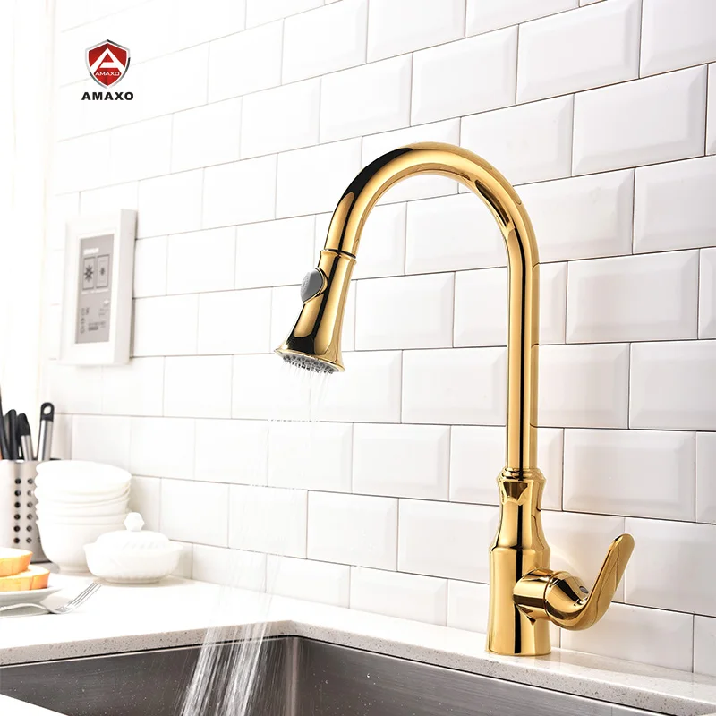 AMAXO Kaiping Gold Kitchen Sink Faucet With Pull Down Sprayer Single Handle Pull Out Kitchen Taps