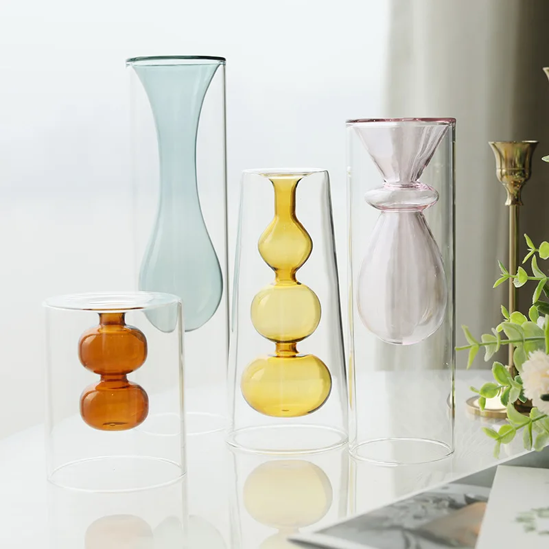 Nordic ins modern minimalist stained creative art personality double glass transparent flower vase