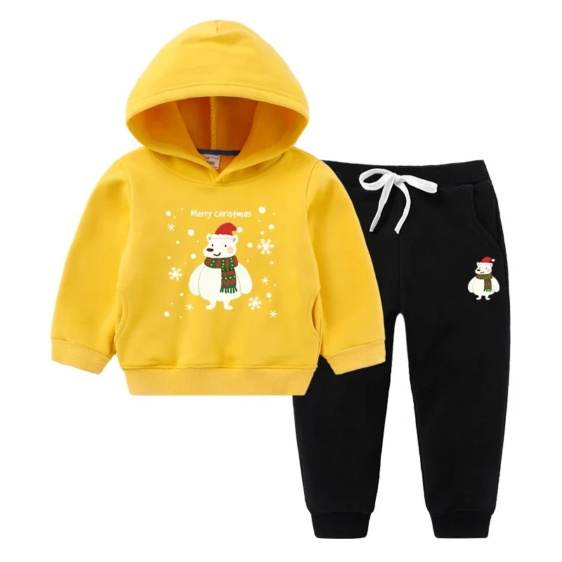
Custom Casual Winter Warm Girls Suit Boys Wear Velvet Lined Kids Hooded Clothing Sets 