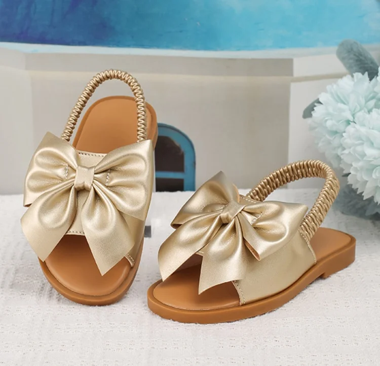 BSCI/Smeta/Sedex/Higg/GRS Factory Wholesale Custom Logo Baby Girl Gold Bowknot Sandals Elastic Webbing Princess Slipper Sandal
