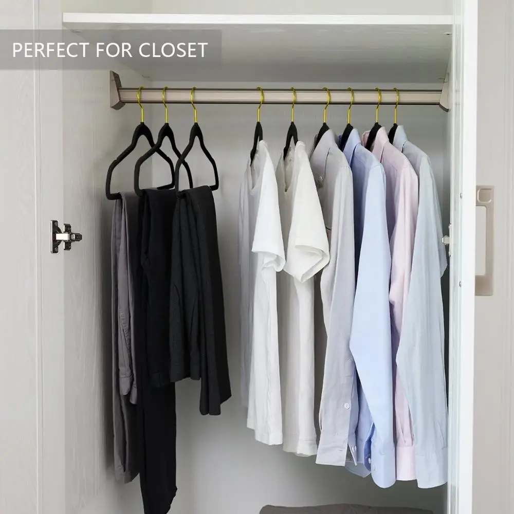 Wholesale Custom Anti Slip Black Velvet Clothes Hangers With Gold Hook