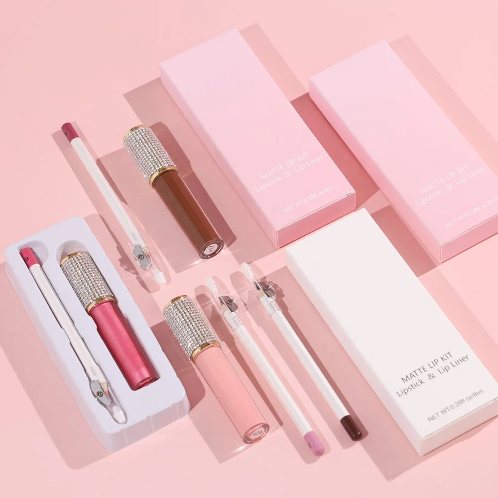 Private label 2 in 1 matte lipstick set high pigment lipgloss and lip liner box set