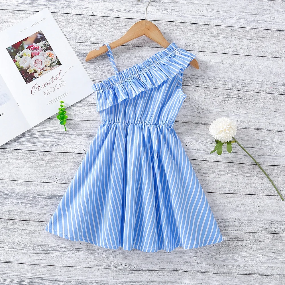 Girls Summer Dress Blue White Striped One Shoulder Kids Dresses kids baby Girls fashion New Children Princess dress Costume