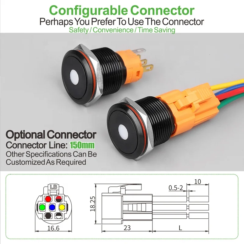 LANBOO 19mm 3A 3v 5v 12v Metal Alumina Black Self Locking or Momentary 1NO1NC IP67 Waterproof Push Button Switch