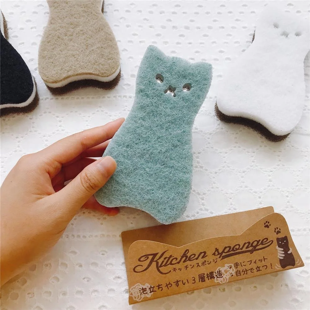 Multilayer Compound 4 pcs/pack super cute cat Non-abrasive nylon kitchen sponge Daily necessities products