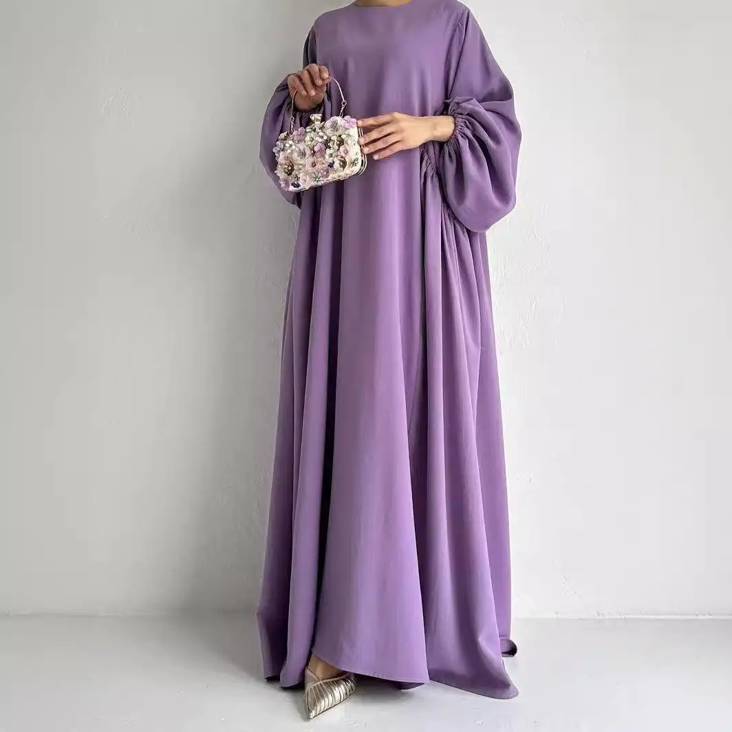 Modest Ladies & Girls Abaya Set with Simple Puff Balloon Sleeve Long Ethnic Work Khimar Silky Fabric Muslimah Style