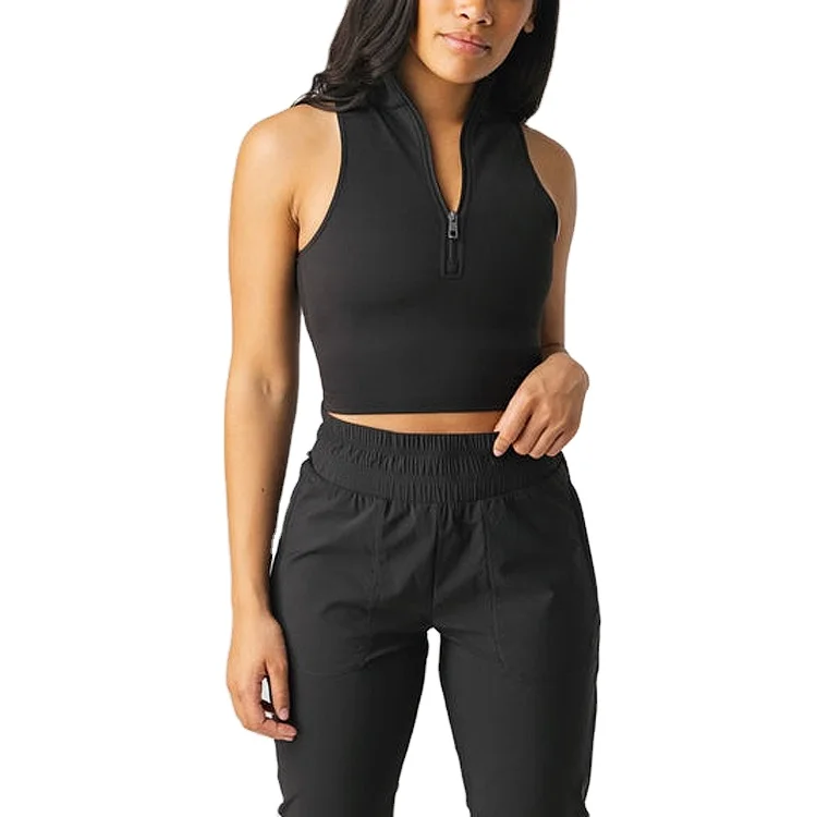 Custom Women High Waist Fitness Workout Front Zipper Crop Tank Top Sports Wear Workout Sleeveless Yoga Top Clothes
