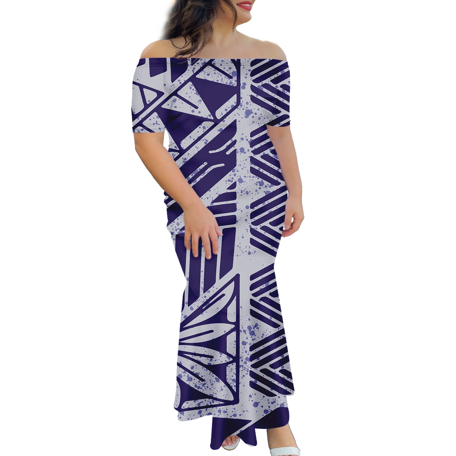 2022 New Design Custom Pacific Island Art Trumpet Mermaid Dress Polynesian Short Sleeve Fishtail Dress Plus Size Womens Dresses