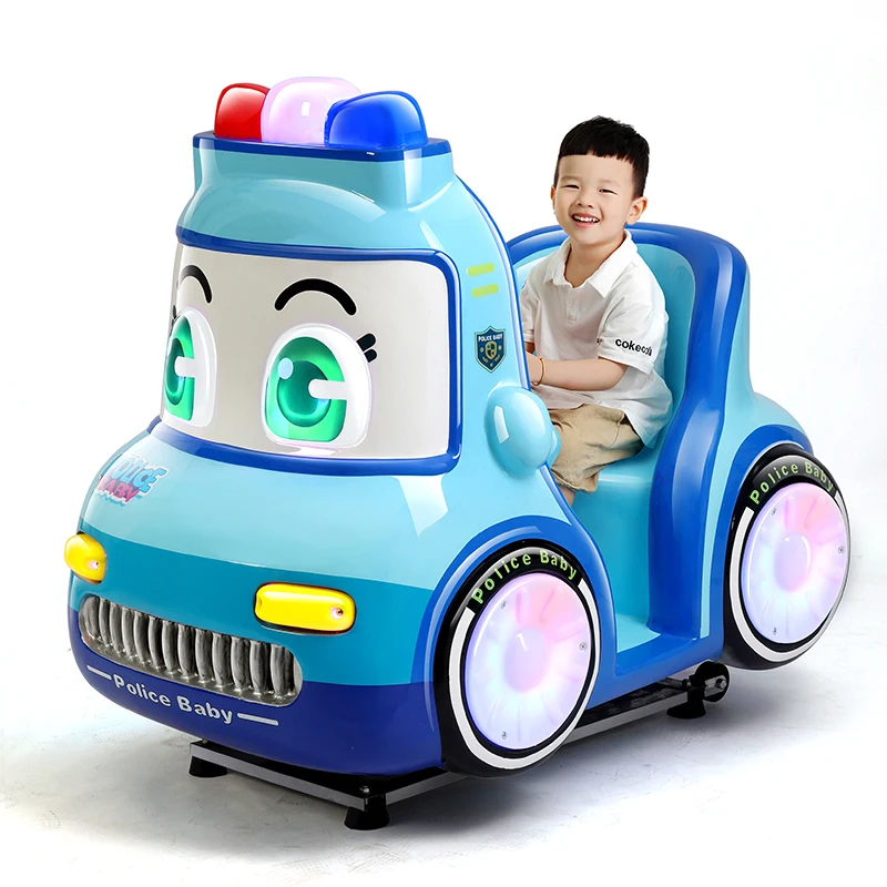 Cartoon police car amusement machine kiddie rides coin operated fiberglass 15 inch HD LCD screen kids electric rocking car