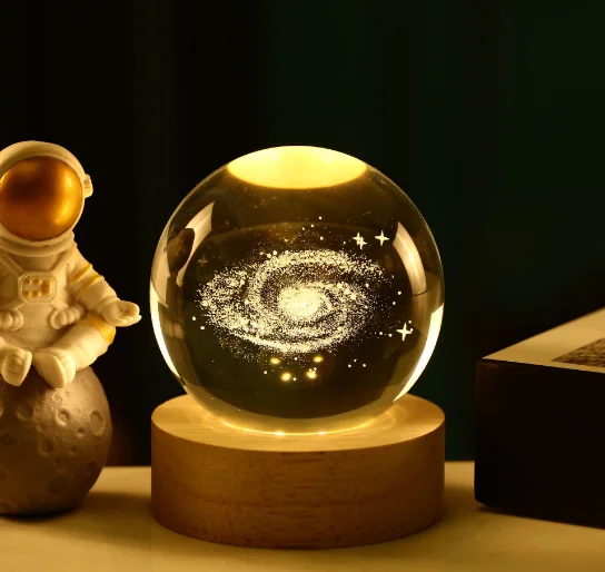 Solar System Planetary Laser 3D interior carved nightlight crystal ball with wood-based LED nightlight