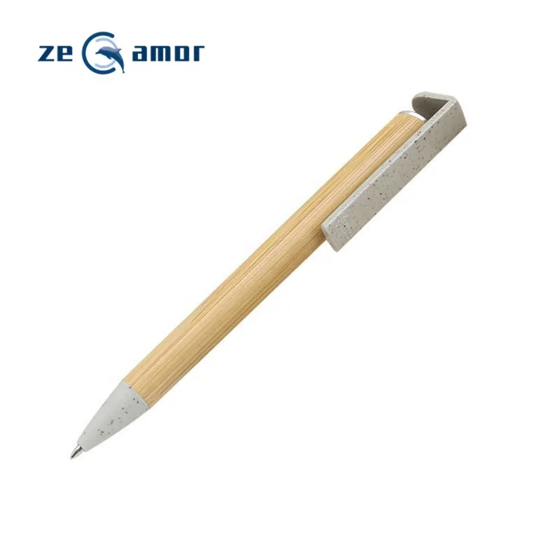 Zeamor lapiceros de bambo Multi Function Promo Gifts ECO Friendly Wheat Straw Clip Logo Custom Natural Bamboo Pen With Phone Hol