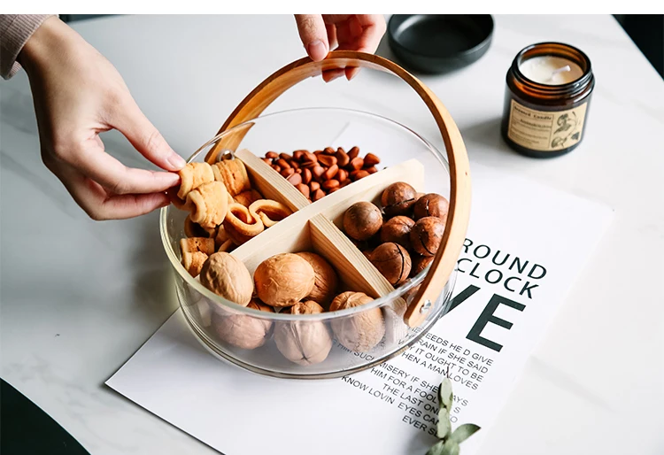 Wholesale Customized  OEM Tempered Ice Bucket Stackable Glass Fruit Storage Basket With Wooden Handle