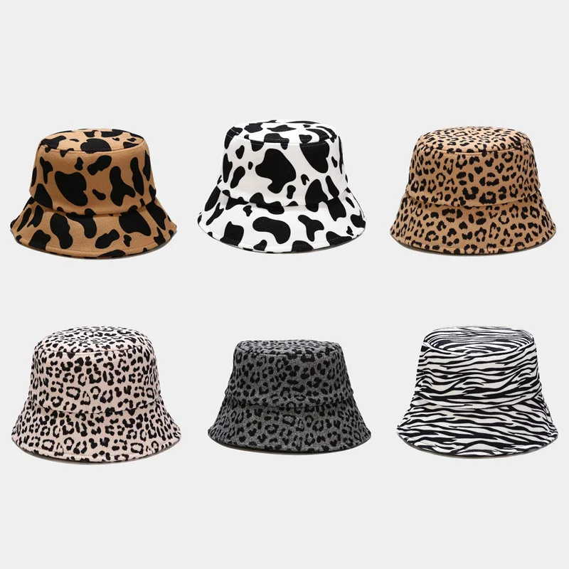 new cow pattern women bucket hats wholesale fall winter Warm soft tie dye bucket hats women leopard fur Wide Brim bucket hat