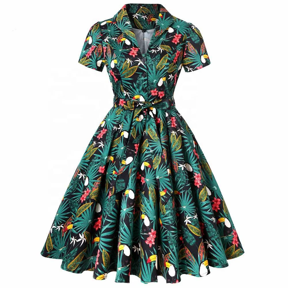Women Vintage Dress 1950s 60s Retro Shirt Dress Plus Size Floral Cotton Women Ladies Swing Rockabilly Dresses Vestidos SD0002
