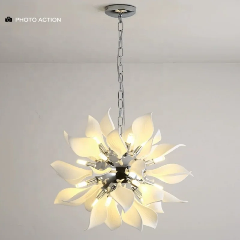 Italian designer living room lamp Nordic bedroom villa model room simple dining room art white ceramic petal chandelier
