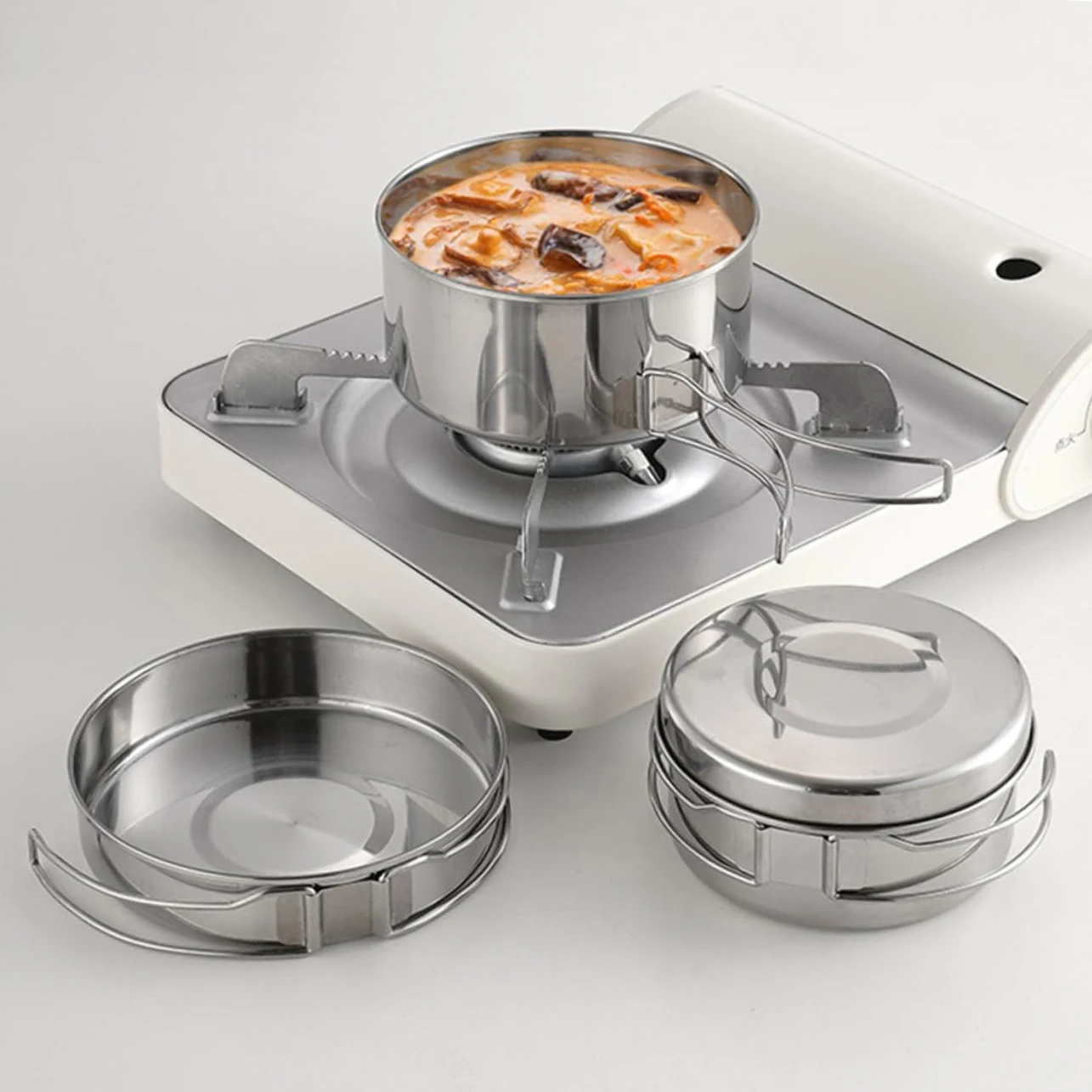 Hiking Camping Mess Kit Cookware set Stainless Steel Camping Pot Fly Pan with Folding Handle