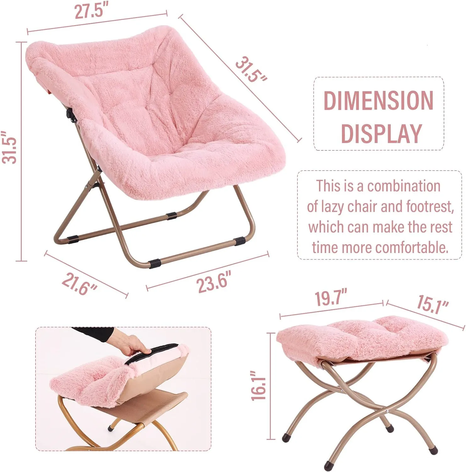 Soft Faux Fur Oversized Folding Accent Lounge Lazy Moon Chairs Living Room Garden Courtyard Modern Saucer Chair with Ottoman