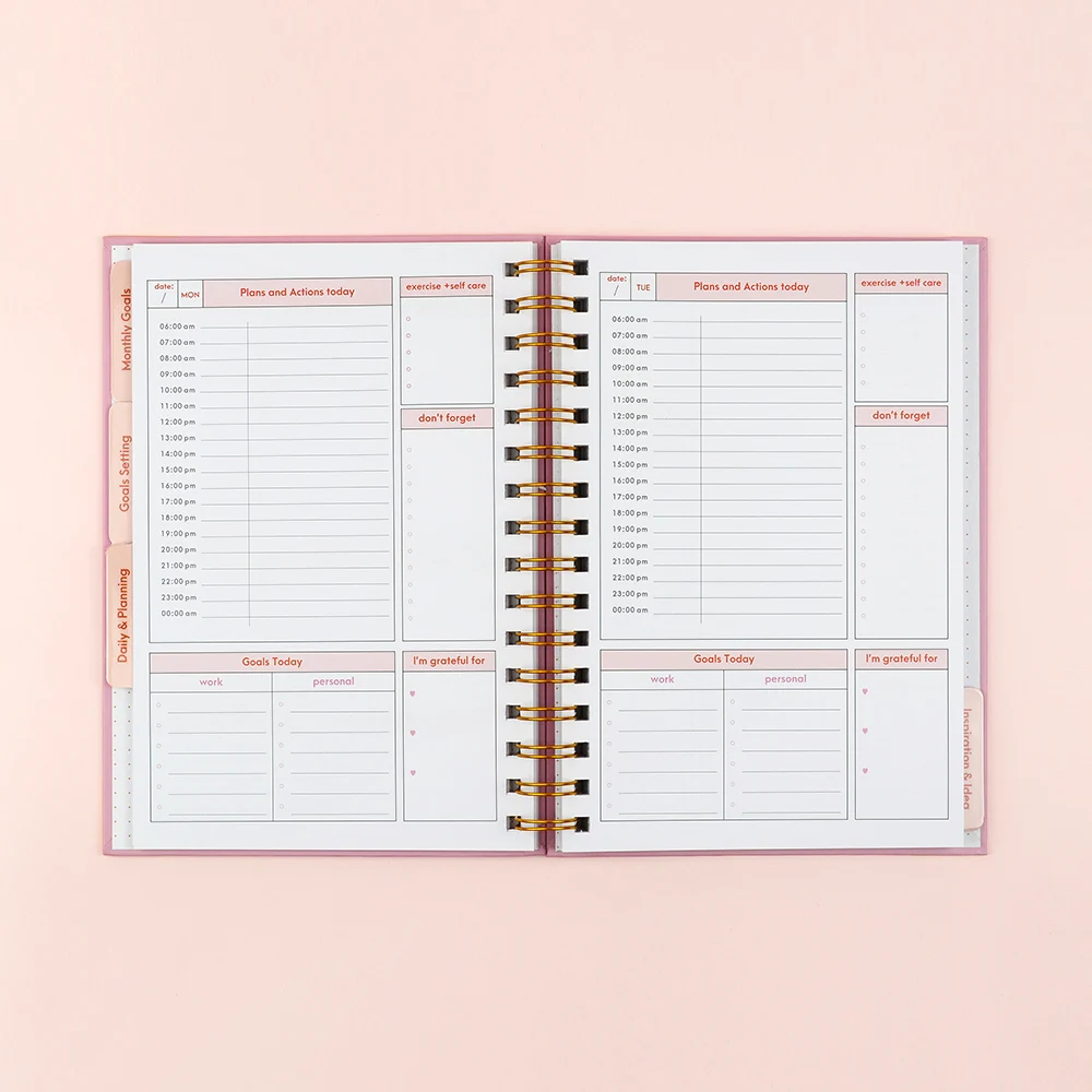 Custom printing A5 Hardcover notebook spiral bound Self care Promotional gift 2025 undated  planner