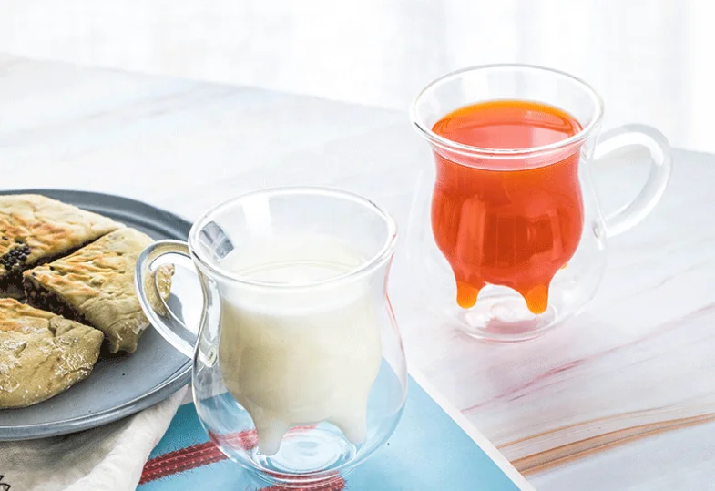 Custom Heat Resistant Transparent Handmade Borosilicate Glass Coffee Mug Double Wall Milk Cow Glass Cup