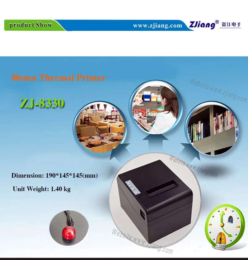 Zijiang 8330 Thermal Kitchen 80mm Pos Thermal Bill Receipt Printer With Optional Wifi/ Bluetooths/usb Receipt Printer