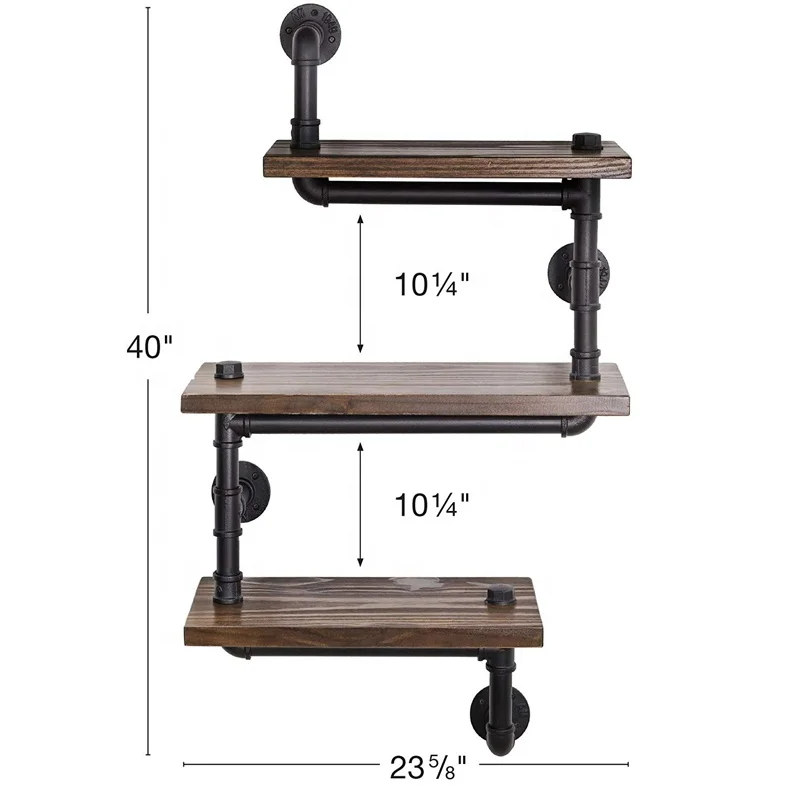 3-Layer Rustic  Zig Zag Style Shelf Wooden Wall Floating With Industrial Iron Black Pipe