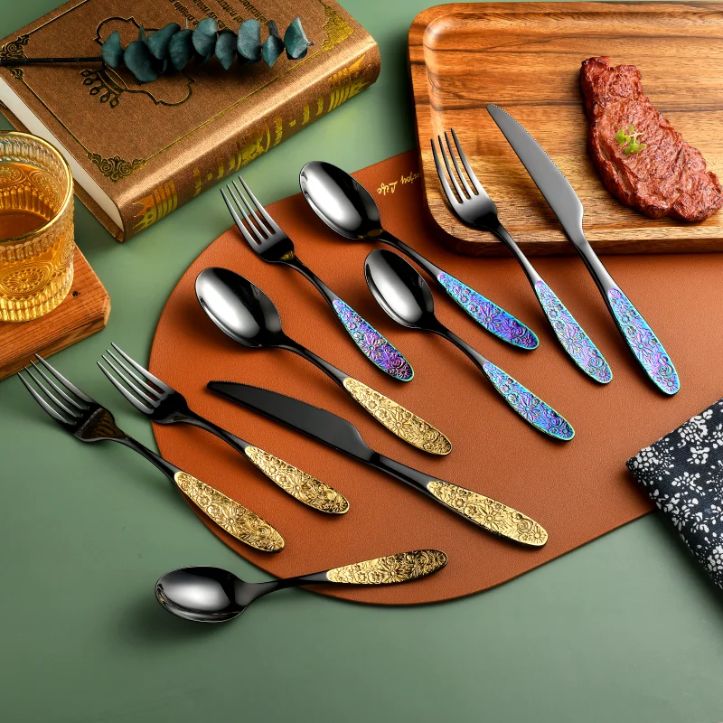 Manufacturers Palace Luxury Knife Fork Spoon black&rainbow flatware vintage cutlery set