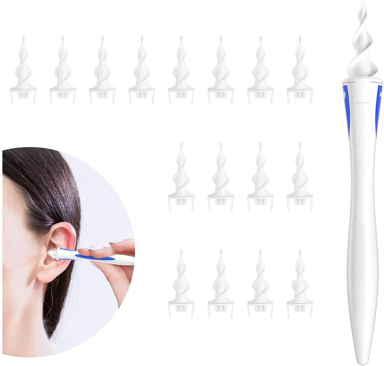 Soft Safe Silicone Q Grip  Ear Wax Earwax Removal Tool with 16 Replacement Heads Spiral Smart Ear Cleaner