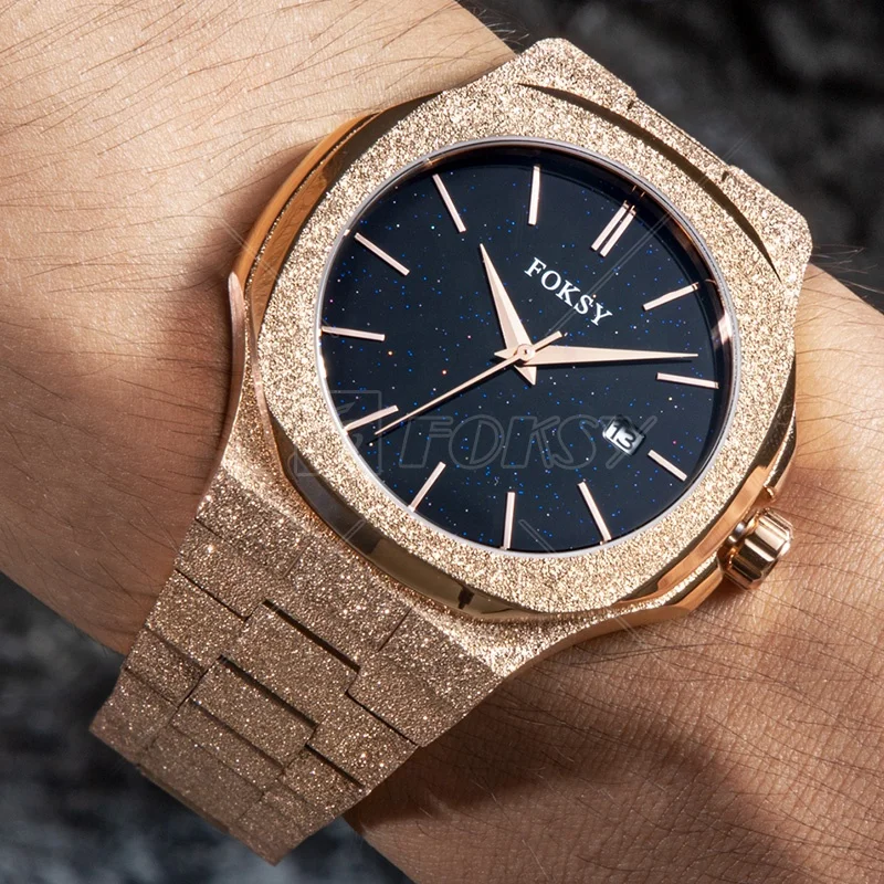 Hot Sale New Design Elegant Brush Stainless Steel Strap Luxury Frost Rose Gold Hand Wrist Quartz Men Watch with Black Bezel