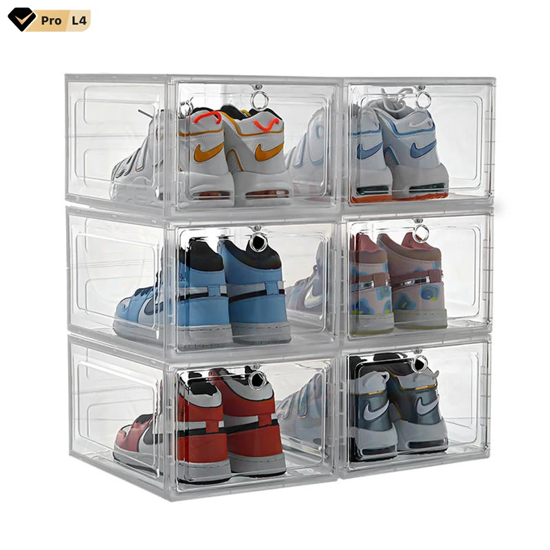 Customized Logo Hot 6 Pack Set Stackable Shoe Storage Box Crates Plastic Clear Sneaker Box For Shoes Display Shoe Case