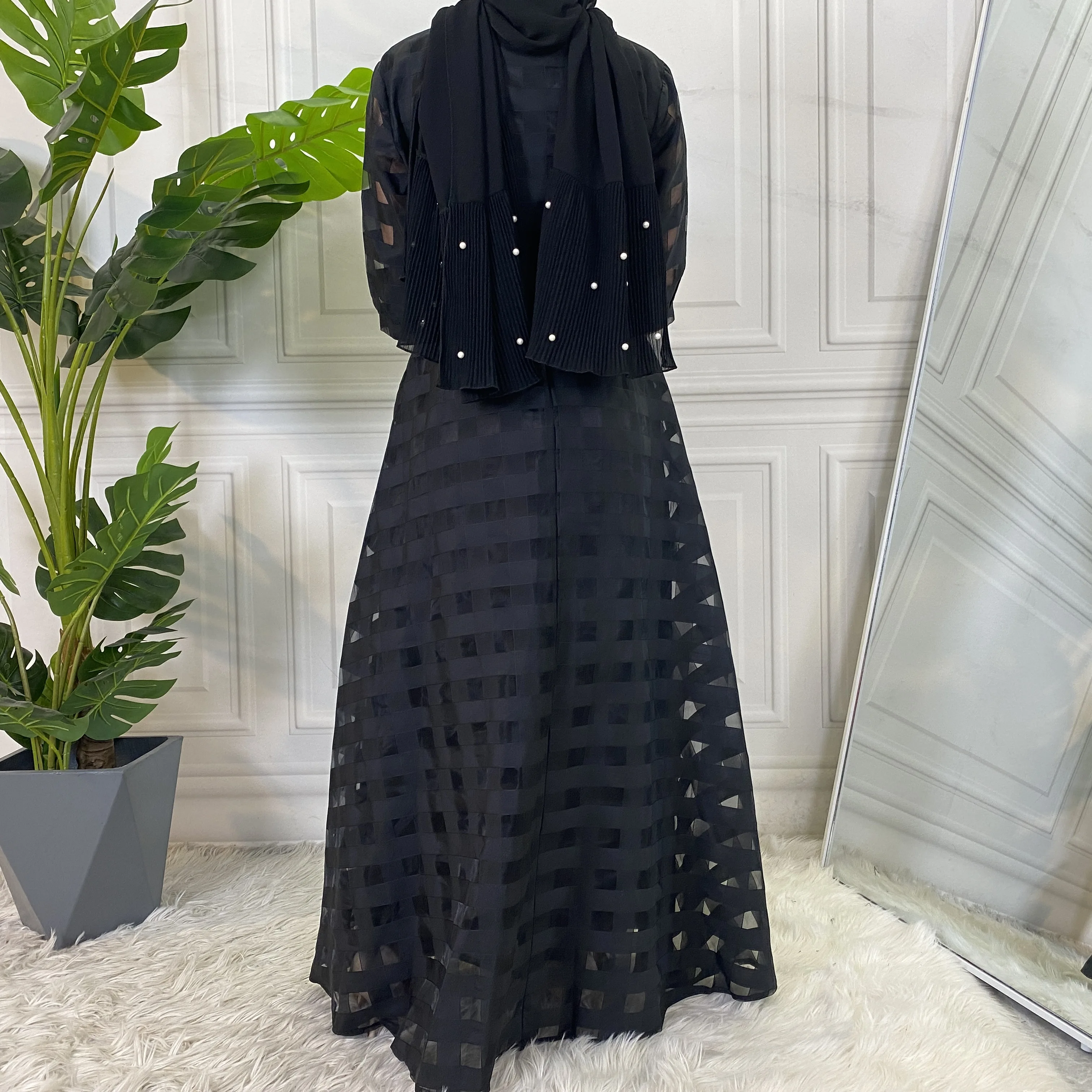 9065# Summer Black Organza Grid Style Short Sleeve Dress Modest Fashion Long Dresses for Fat Women 7XL